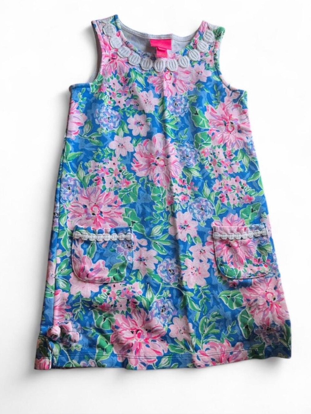 Lilly Pulitzer Girls Size 6 Floral Shift Dress Blue Pink Pockets